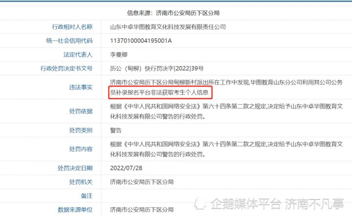 华图教育山东分公司非法获取个人信息被通报警告-广东技校排名网