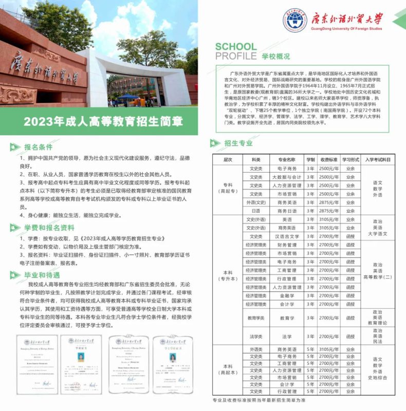 广东外语外贸大学2023年成人高考招生专业一览表-1