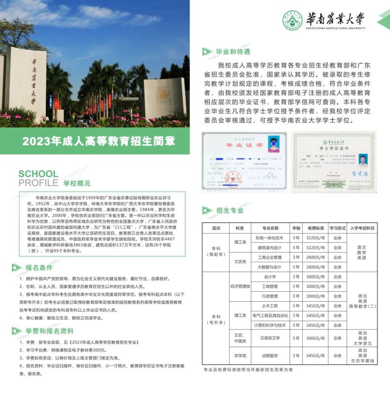 华南农业大学2023年成人高考招生专业一览表-1