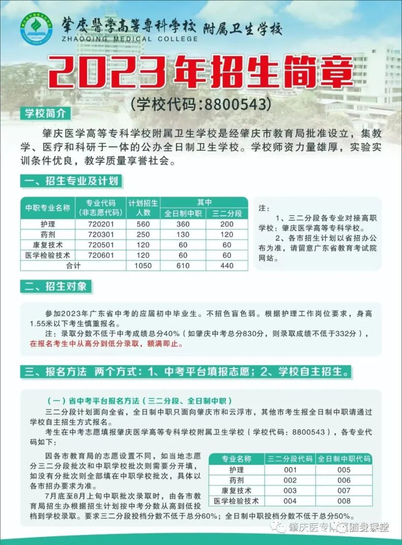 肇庆医学高等专科学校附属卫校2023年招生专业及收费标准-1